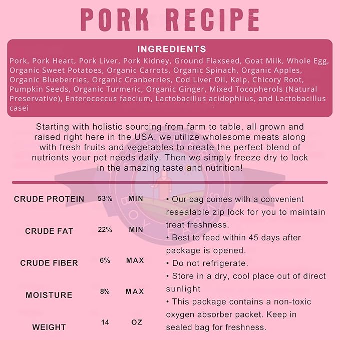 Freeze Dried Raw Dog Food, Pork Recipe, All Natural, No Synthetics, Made in USA with Goat's Milk & Organic Produce, High Protein, Complete Meal (48oz)