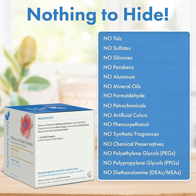 Blue Beautifly Hibiscus Clay Mask for Face | Refreshes Complexion | 100% Organic Plant Powders, Colloidal Oatmeal, & Rose Clay | Reveals Skin’s Natural Youthful Glow | 1.6 oz