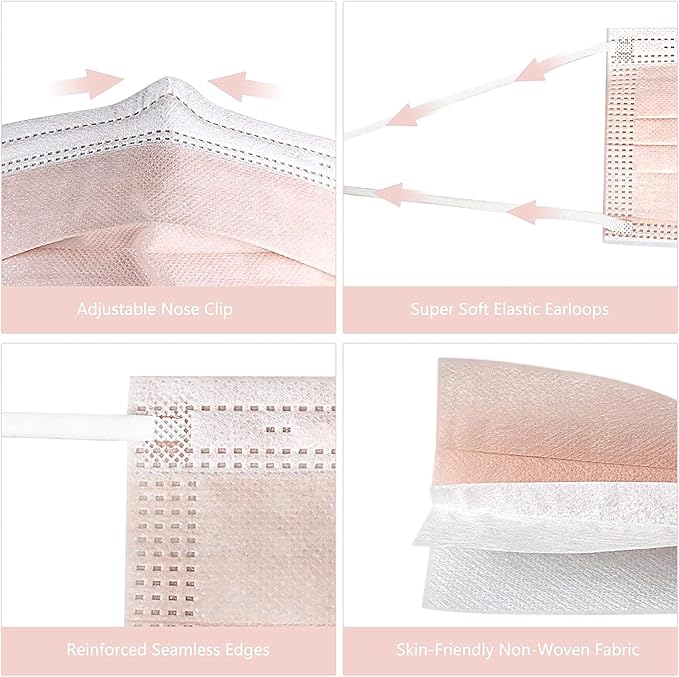 akgk Disposable Face Masks 100Pcs, 3 Layer Protective Face Mask Blush Pink Face Masks