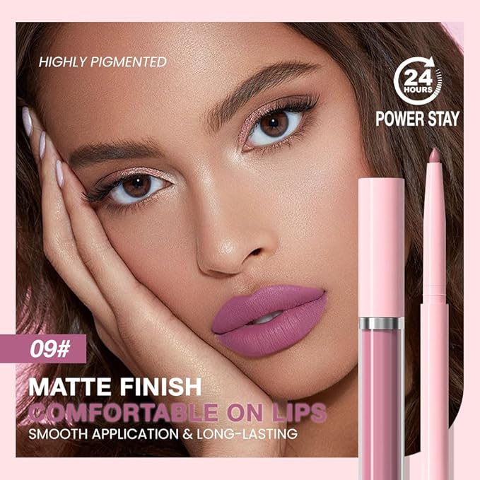 AMY'S DIARY 2pcs Matte Dark Red Lip Liner & Lipstick Makeup Set, Liquid Lipstick 24H and Lip Liner Set Matt Liquid Lips Make Up Waterproof Long Lasting (09#, 2 Pcs Set)