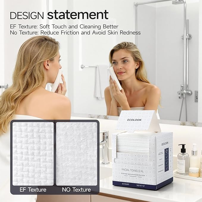 ECOLOOK Disposable Face Towel XL-10"x12" Upgraded Thick Facial Towels, Ultra Soft Clean Face Towels Disposable, 60 Count & 90 GSM, Ideal for Sensitive Skin-1 PACK