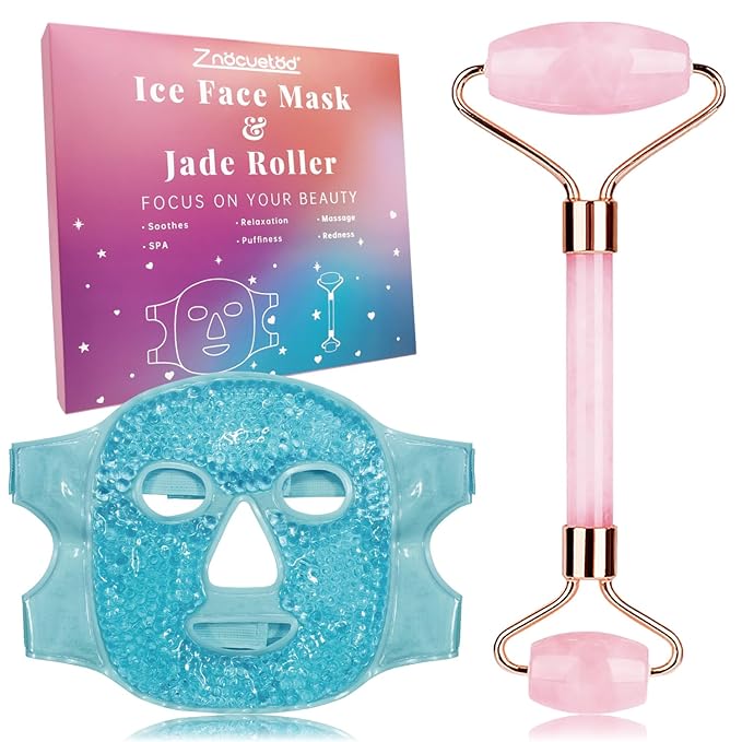 ZNÖCUETÖD Ice Face Facial Jade Roller and Ice Face Mask Cold Cooling Gel Mask Gift Set for Women Aging Wrinkles Lifting Firming Puffy Eyes, Eye Face Neck Roller Massager SPA Tools