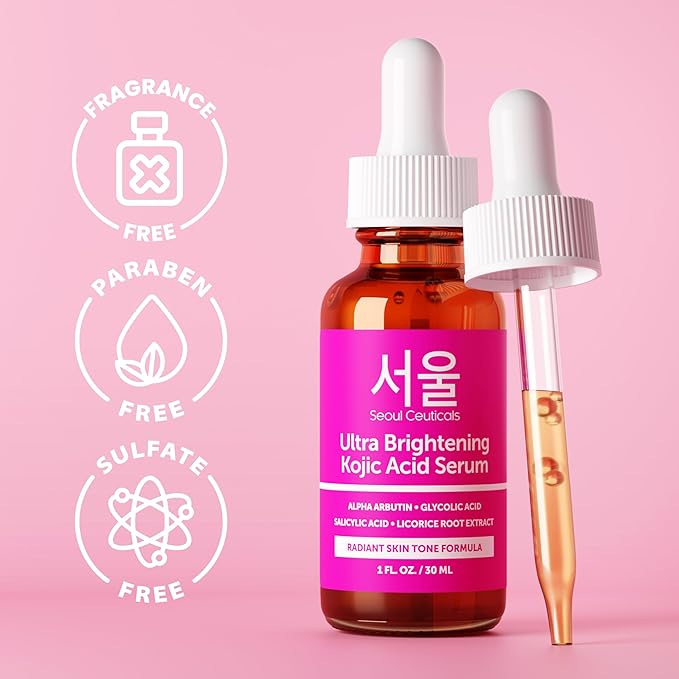 SeoulCeuticals Korean Skin Care Kojic Acid Serum Alpha Arbutin – Dark Spot Remover Corrector Glycolic Acid + Salicylic Acid K Beauty 1oz