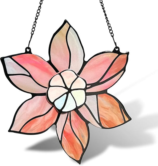 Stained Glass Window Hanging - Pink Flowers Suncatchers for Windows Hanging Floral Sun Catcher for Plant Lovers Anniversary Love Gift