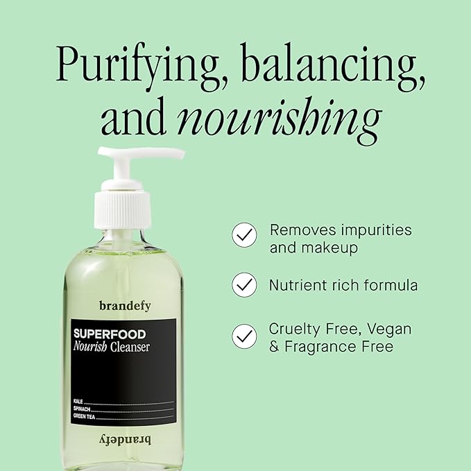 Brandefy Superfood Face Wash, Gentle & pH Balanced Cleanser w/Kale, Green Tea, Spinach, Vitamin C, E, K2- Softens & Nourishes Skin, Organic Facial Cleanser for All Skin Types (8 Fl Oz)