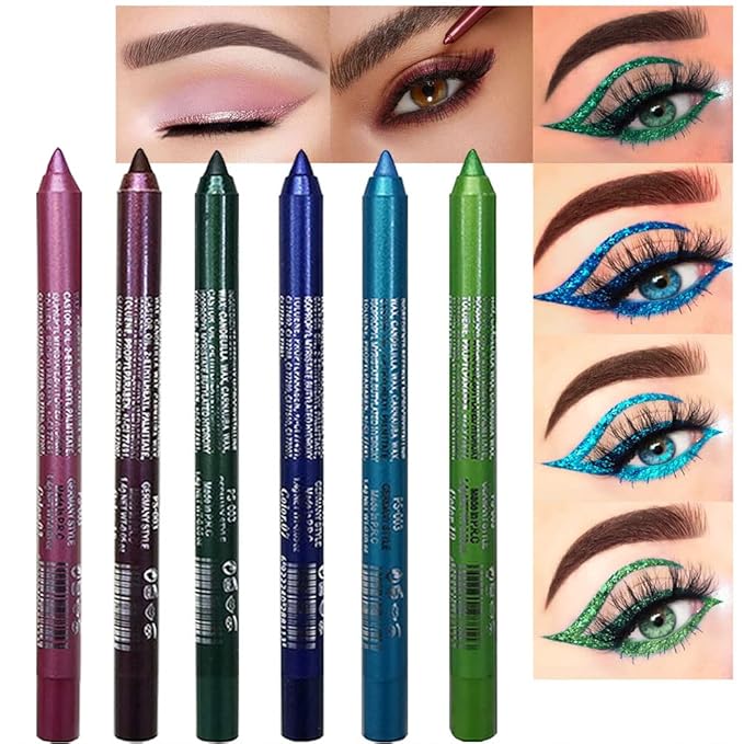 evpct 6Pcs Blue Colored Glitter Eyeliner Pencils Set,Dark Light Blue Green Purple Red Pink Metallic Colorful Liquid Eye Liner Set Women Waterproof