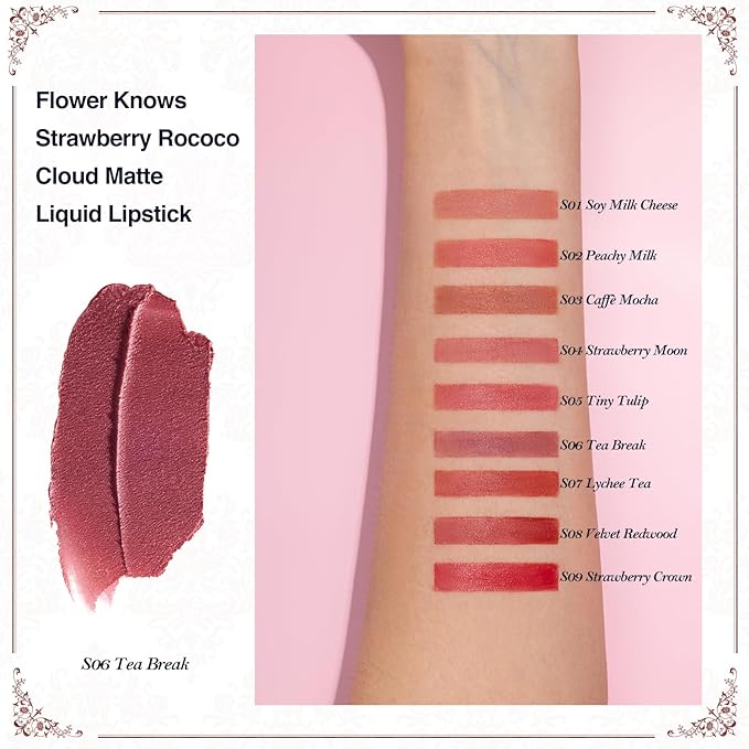 Flower Knows Strawberry Rococo Cloud Lip Cream,Velvety Matte Liquid Lipstick,Pink Lipstick,Long Lasting Lip Stain,Kiss-proof Blurred Lipstick for Girls&Women,0.12 Fl Oz(S06 Tea Break)