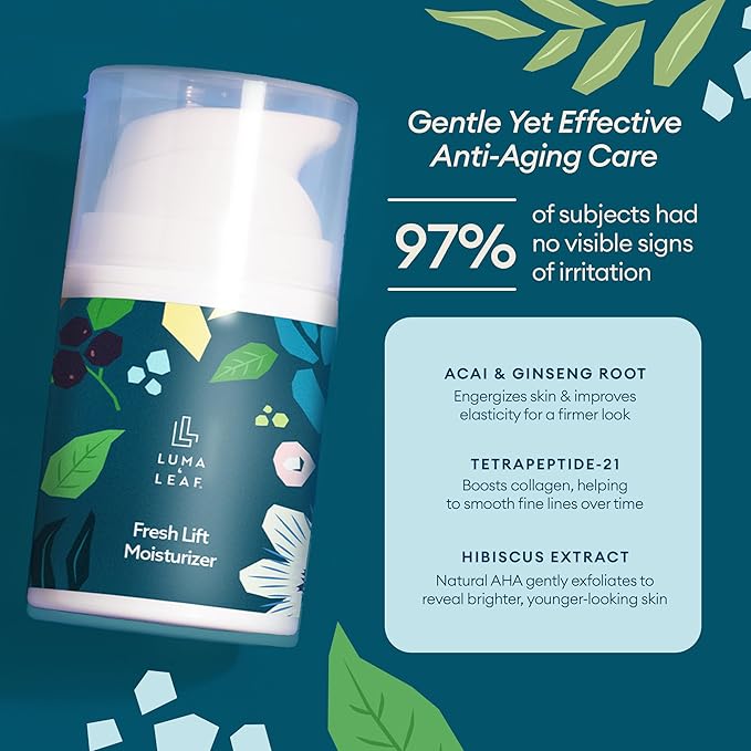 LUMA & LEAF Fresh Lift Peptide Moisturizer | Daily Anti-Aging Face Cream with Hyaluronic Acid & Hibiscus for Firming & Glow | Lightweight Facial Moisturizer for Fine Lines & Wrinkles | 1.7 fl oz