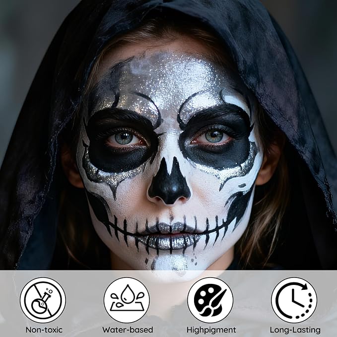 Halloween for Skeleton Makeup Kit, Professional Halloween SFX Makeup Set for Skeleton Costume, Water-Based Face Paint Set with Black White SilverFace Paints, for Cosplay, Costume Party