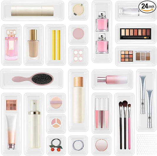 24 PCS Plastic Drawer Organizer Set, Sturdy 3-Size Makeup Vanity Desk Drawer Organizer Trays and Storage Bins for Cosmetics, Junk and Gadgets – Ideal for Bathroom, Bedroom, Office and Kitchen