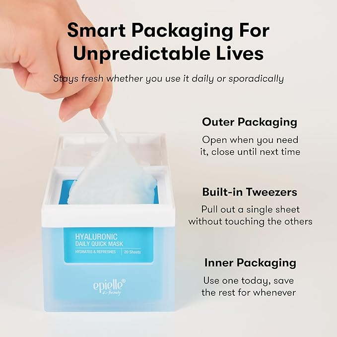 Epielle Hyaluronic Acid Face Mask Korean Sheet Masks for Face - 6x HA Complex Facial Mask, Korean Skincare Face Masks Skin Care Women Dry Skin Hydrating Anti Aging 20 Pack