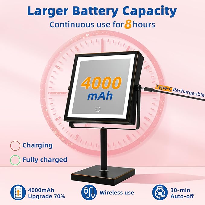 Ruacq Rechargeable Makeup Mirror, 4000mAh Lighted Makeup Mirror with Magnification 1X/10X, Height Adjustable Vanity Mirror with Lights, 3 Color Lights, Adjustable Brightness, (Oil Rubbed Bronze)