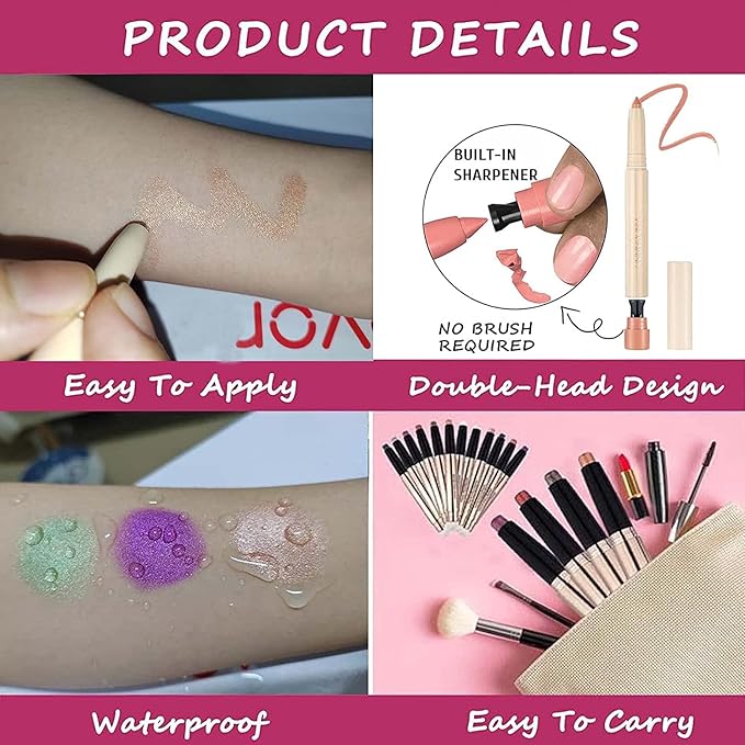 Eyeshadow Pencil Makeup, Waterproof Hypoallergenic Long Lasting Crayon, Highlighter Matte Cream Eye Shadow Stick, Glitter Primer Palette Shimmer Eyeliner Pen, Red