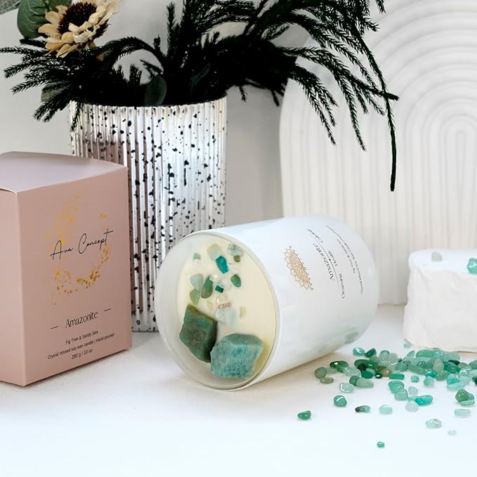 Fig & Sandy Sea Scented Crystal Candle in 10 oz Jar - Natural Crystal for Energy, Harmony and Balance - Elegant Home Decor and Gift Idea, Scented Candle, Rose