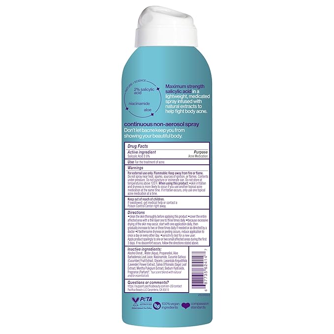 Pacifica Bacne Warrior - Bacne Salicylic Acid Spray, Back Acne Treatment Spray with 2% Salicylic Acid, Niacinamide, and Aloe, Body Acne Warrior for Body, Chest, and Back, Dermatologist Tested- 6 Fl Oz