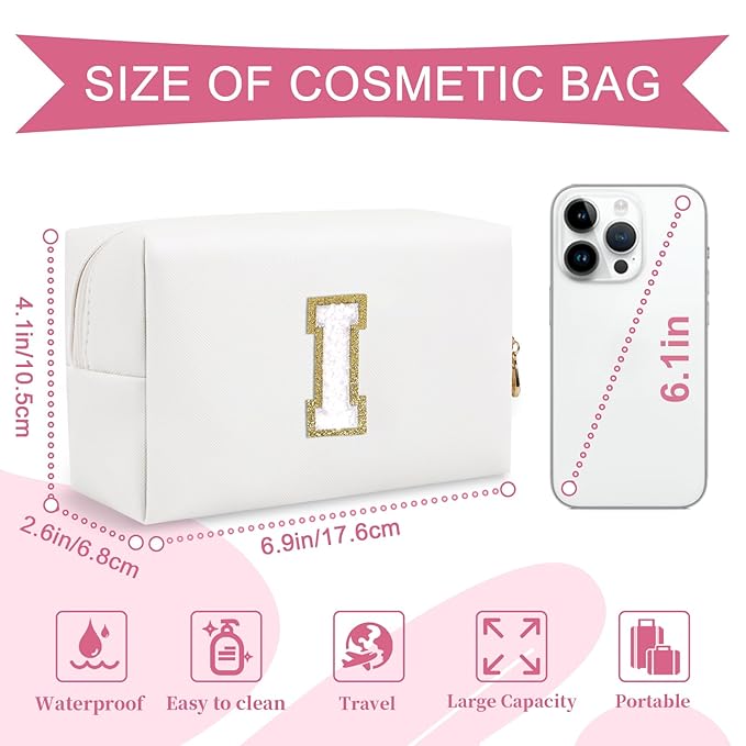 Small Personalized Initial A-Z Preppy Patch Makeup Bag,White PU Chenille Letter Travel Cosmetic Pouch with Zipper,Cute Toiletry Bag,Gift Ideal for Teen Girls Women Teacher Bridesmaid,Letter I