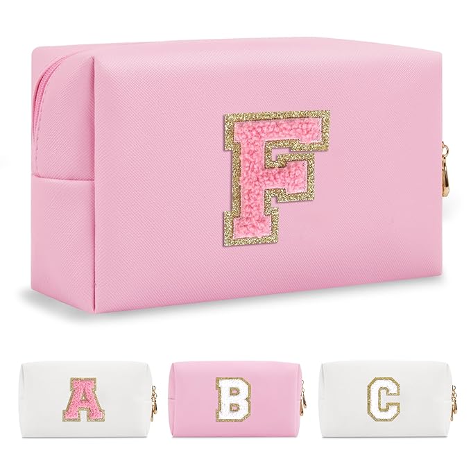 Personalized Initial A-Z Preppy Patch Makeup Bag,Small PU Leather Chenille Letter Cosmetic Bag with Zipper for Teen Girls,Pink Cute Travel Toiletry Bag,Birthday Monogrammed Gift for Daughter,Letter F