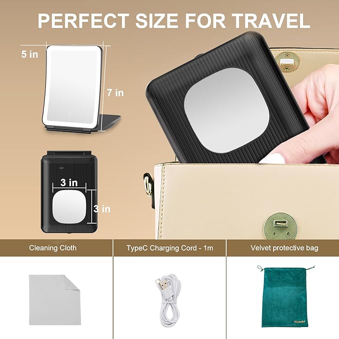 Mocado Travel Makeup Mirror with Light, 1x/10x Magnifying Mirror with Light, 3 Colors Lighted Magnifying Mirror, 2000mAh Rechargeable Lighted Makeup Mirror, Dimmable Touch, Memory Function (Black