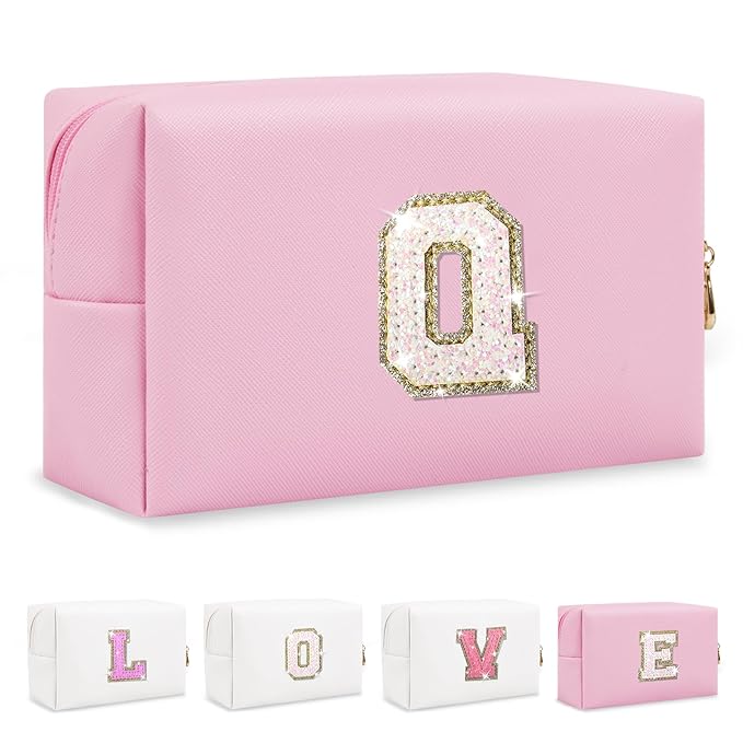 Small Personalized Initial A-Z Patch Makeup Bag,Pink Cute PU Leather Glitter Letter Cosmetic Bag for Teen Girls,Travel Toiletry Bag with Zipper,Preppy Monogrammed Birthday Gift for Daughter Niece Q