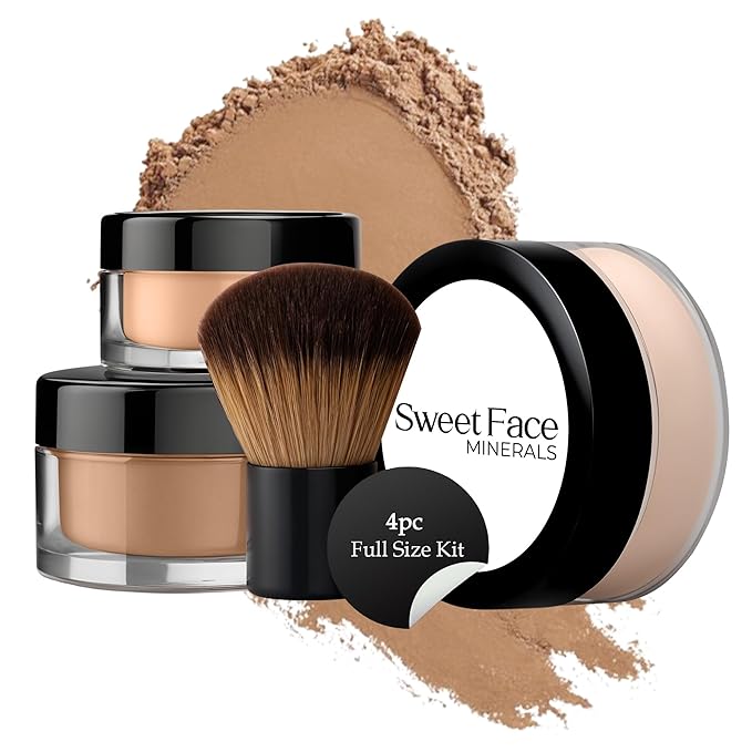 4pc Full Size Kit (Cocoa) Mineral Makeup Matte Translucent Loose Foundation + Kabuki Brush + Concealer + Finishing Setting Powder + Bare Face Full Coverage SPF 30 All Skin Types Waterproof