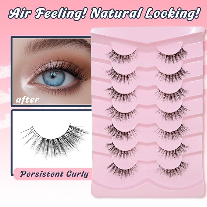 Eyelashes Natural Cat Eye Lashes 13mm Wispy Lashes False Eye Lashes with Thin Cotton Band C Curl Fake Eyelashes 3D Volume Lash Pack 7 Pair Siligli