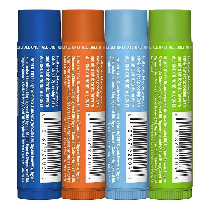 Dr. Bronner's - Organic Lip Balm Variety Peppermint, Orange Ginger, Naked, Lemon Lime) - Made with Organic Beeswax and Avocado Oil, For Dry Lips, Hands, Chin or Cheeks, 0.15 Ounce (Pack of 4)