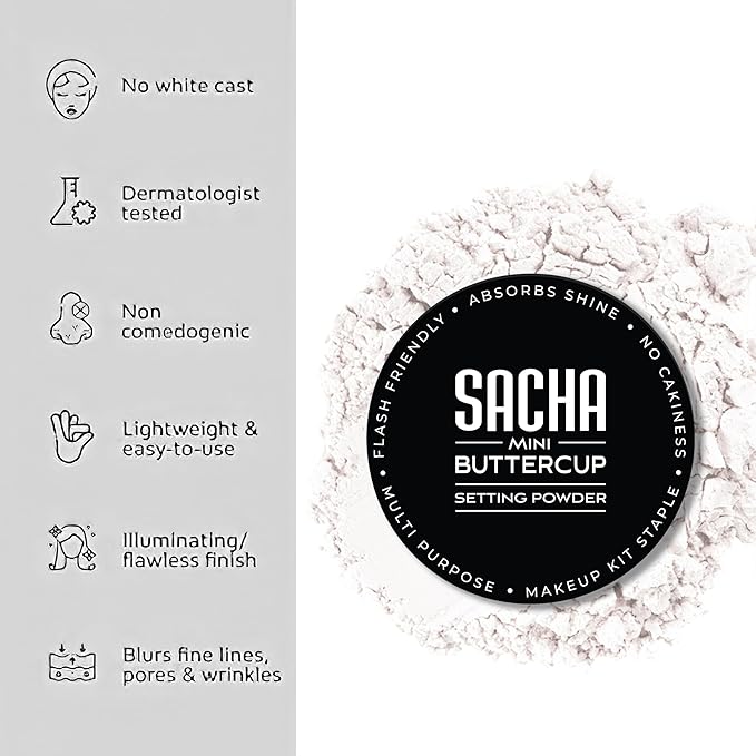 Sacha BUTTERCUP No Color Mini Setting Powder. No Ashy Flashback. Blurs Fine Lines and Pores. Loose, Translucent Face Powder to Set Makeup Foundation or Concealer. For All Skin Tones, 0.35 oz.
