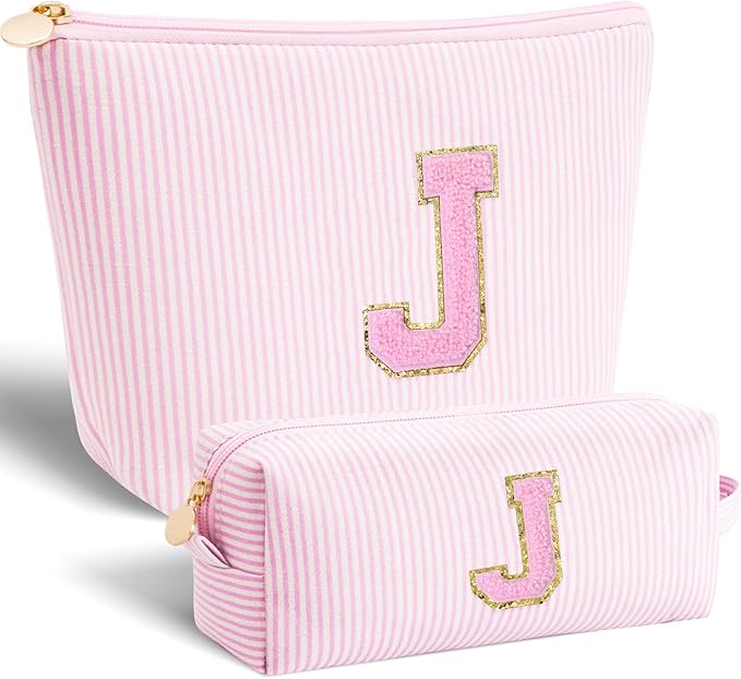 Monogrammed Gifts for Women - Cosmetic Bag for Teen,Initial Cute Makeup Bag Set for Women,Trendy Pouch for Niece Sister Friend Female Her,Birthday Gifts for Daughter - Pink,J