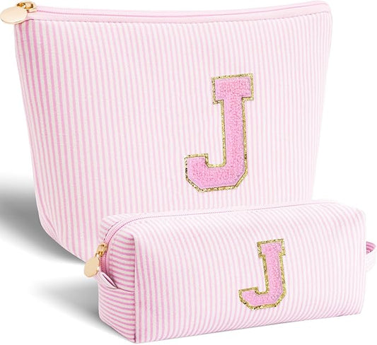 Monogrammed Gifts for Women - Cosmetic Bag for Teen,Initial Cute Makeup Bag Set for Women,Trendy Pouch for Niece Sister Friend Female Her,Birthday Gifts for Daughter - Pink,J