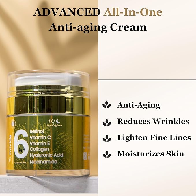 mivida Advanced Retinol Cream for Face & Neck | 6-in-1 Anti-Aging Moisturizer with Collagen, Hyaluronic, Vit C & E | Firms, Reduces Wrinkles, Fine Lines & Dark Spots | Daily Face Cream 1.7floz