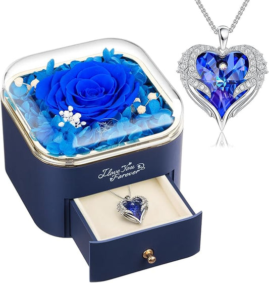 Preserved Real Blue Rose with Angle Wings Necklace, Forever Flowers Gifts for Mom Grandma Wife Girlfriend at Christmas Valentines, Anniversary Birthday Gifts for Women, I Love You Gifts for Her