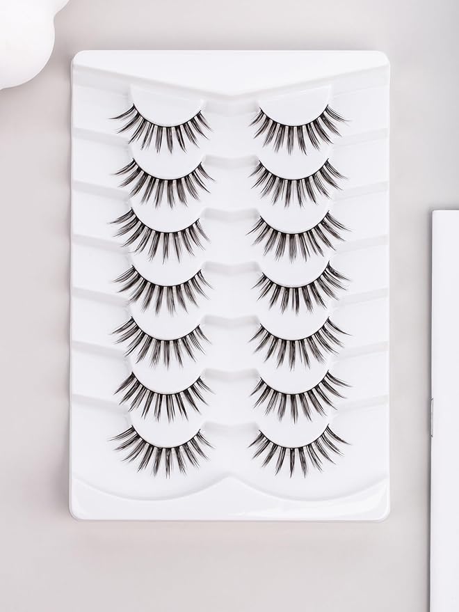 Manga Lashes Anime Eyelashes 10MM Wispy Lashes C Curl False Eyelashes Asian Korean Lash Strips Thin Band Fake Eyelash 7 Pair Siligli