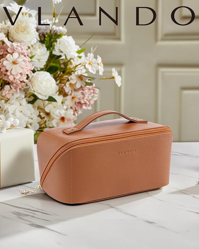 Vlando Travel Makeup Bag,Brown Leather Make up Bag,Portable Toiletry Bag with Divider and Handle,Gifts for Women (Brown)