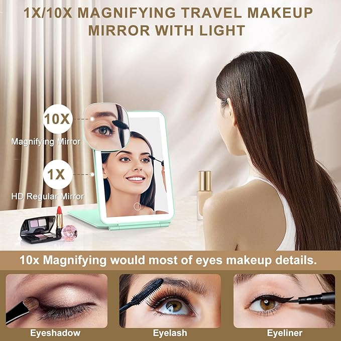 Mocado LED Foldable Travel Makeup Mirror - 5x7 inches3 Colors Light Modes USB Rechargeable Touch Screen, Portable Tabletop Cosmetic Mirror for Travel, Cosmetic, Office (Green)