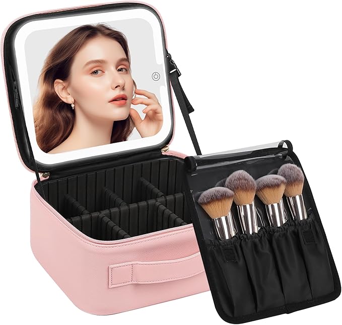 Chomeiu Makeup Bag with LED Mirror, Cute Cosmetic Bags Birthday Gifts for Girls Women, Makeup Train Case Artists Organizer Large Make Up Bags with Light Up Mirror 3 Color Lights, Pink