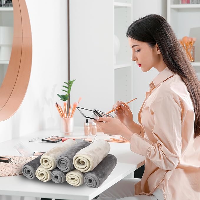 Nugilla Reusable Face Wash Cloths, 8 Pack Soft Microfiber Makeup Remover Towels for Women (Beige/Cool Grey)