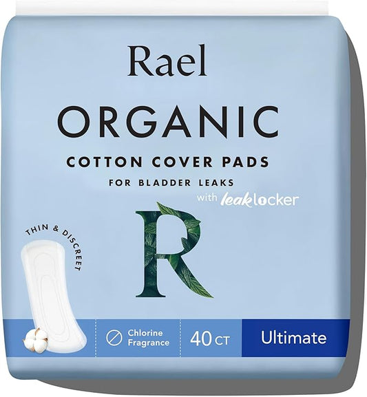 Rael Incontinence Pads for Women, Organic Cotton Cover, Postpartum Essential, Heavy Absorbency, Bladder Control, 4-Layer Core with Leak Guard Technology, Long Length (Ultimate, 40 Count)