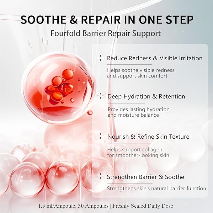 Vitamin B Amino Acid Barrier Support Face Serum - Preservative-Free Ampoule with B12, Hyaluronic Acid and Glutathione for All Skin, Especially Sensitive, Dry and Fragile Skin (1.5ml)30 Vials