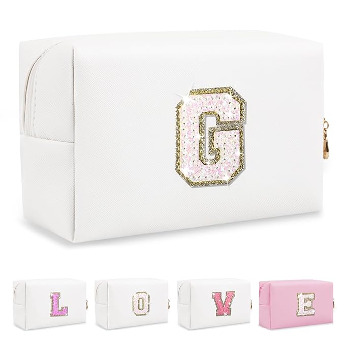 Small Initial Patch Makeup Bag Personalized Gifts Make Up Bag,White Cute PU Leather Glitter Letter Cosmetic Bag with Zipper,Trendy Portable Travel Toiletry Pouch,Preppy Stuff for Teen Girls Women G