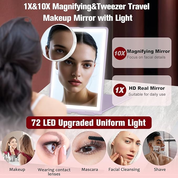 Travel Makeup Mirror with Lights, Rechargeable Portable Folding Compact Mirror with Tweezer, Lighted Makeup Mirror with 72 LED 3 Color Light Modes, Dimmable Touch Screen LED Mirrors-Purple