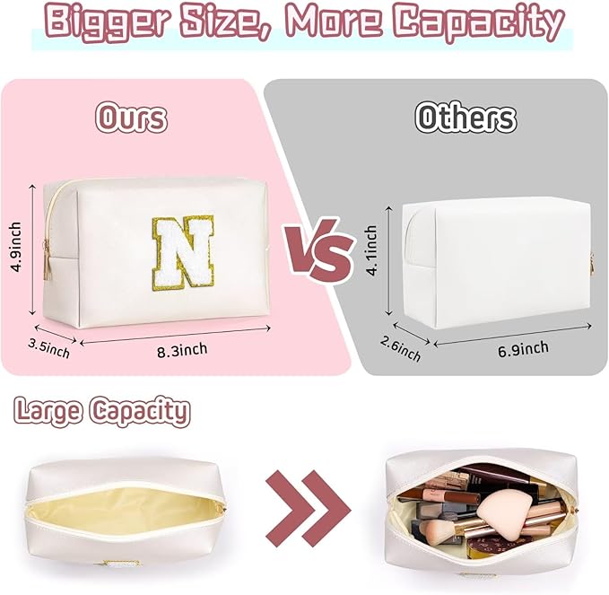 TOPEAST Personalized Makeup Bag, Chenille Letter Pouch Cosmetic Bag w Zipper, PU Leather Waterproof Toiletry Bag, Bridal Shower Gifts for Bridesmaids, Cute Stuff for Girls (White P)