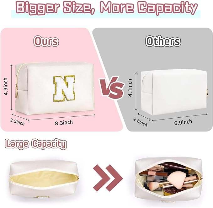 TOPEAST Personalized Birthday Gifts for Women, Preppy Patch Makeup Bag, Chenille Letter Pouch Cosmetic Bag, Travel Organizer, Gifts for Friends, Cute Stuff for Women (White L)