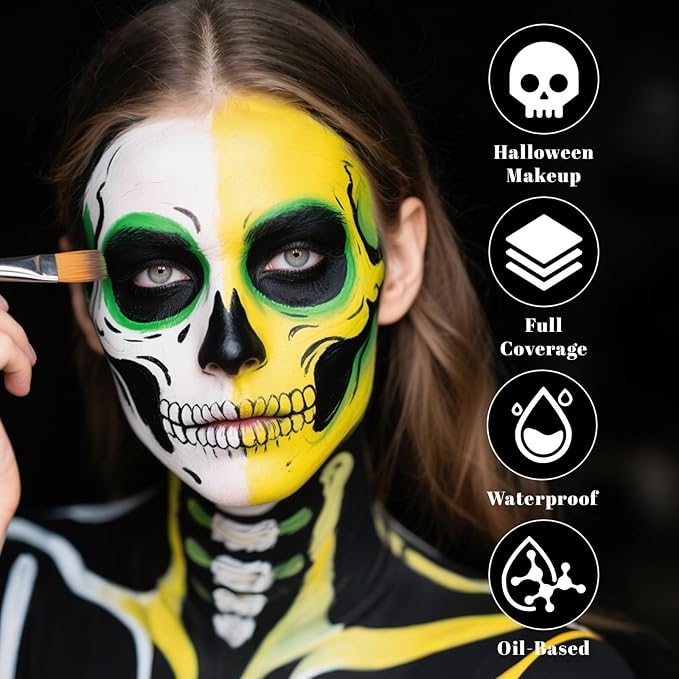 Gray Black White Body Paint Palette, Oil-Based Waterproof Face Painting Cream for Halloween Cosplay SFX Makeup Skeleton Ghost & Mime Looks, Non-Toxic Face Paint for Adult Cosplay Stage Shows