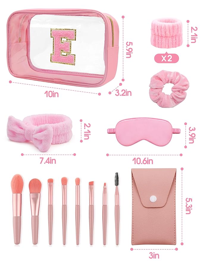 Gift Sets for Women, Initial Makeup Bag with Makeup Brush Set Bachelorette Party Favors, Pink Spa Kit with Skincare Headbands Wrist Bands Sleepover Party Supplies Gifts for Teen Girls Bridesmaid E