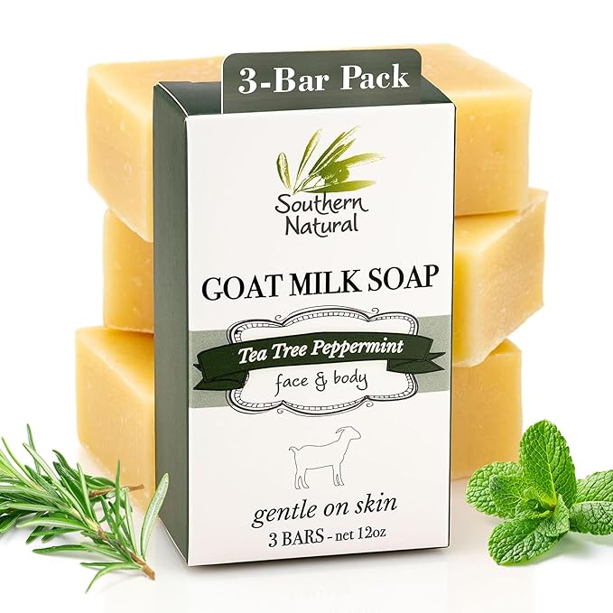 Southern Natural Goat Milk Soap Bar (3 Pack - Tea Tree Peppermint) For Dry, Sensitive Skin. Natural Handmade Soap For Men, Women and Kids. Great For Face & Body.