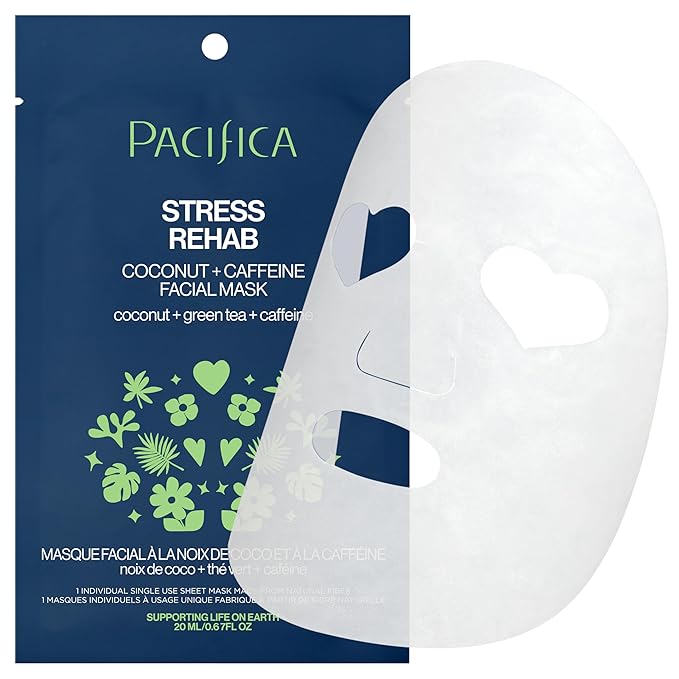 Pacifica Sheet Mask - Skin Rehab Coconut & Caffeine Facial Mask - Sheet Mask for Redness & Puffiness, Infused w/Green Tea, Turmeric & Hyaluronic Acid, Vegan & Cruelty-Free Skincare