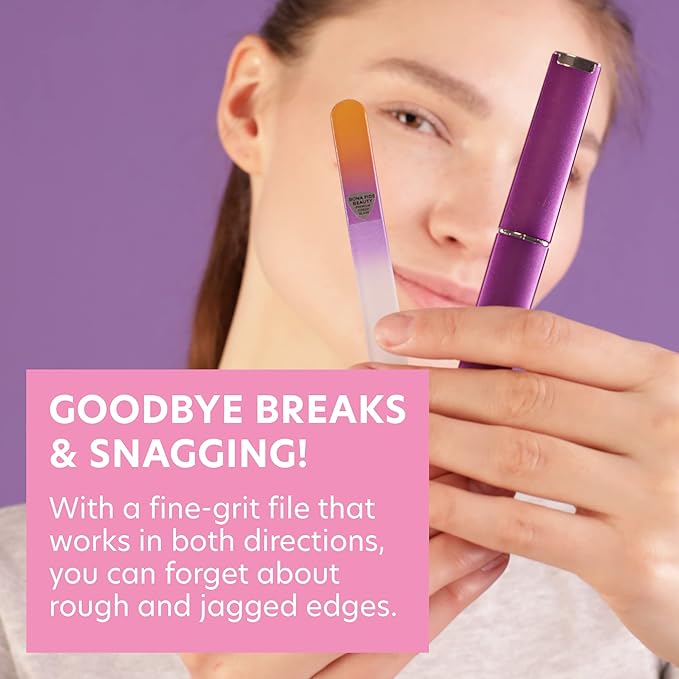 Bona Fide Beauty - Premium Czech Glass Fingernail File with Case - Gentle, Durable & Professional Manicure Tool - Beauty Gift for Women (Gold Violet)