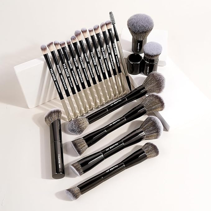 MAANGE 20 PCS Makeup Brush Set with Bag, Double-ended Kabuki Brush Foundation Contour Brush for Liquid Powder Concealer Eye Shadows Cream Cosmetics Blending Blush Face Makeup Tools with Case (Black)