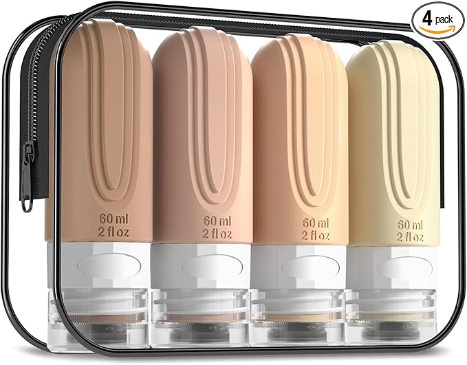Travel Bottles for Toiletries, Tsa Approved 2oz Travel size Bottles, BPA Free Leak Proof Travels Toiletry Containers, Traveler Accessories with Toiletry Bag for Shampoo Liquid (4 Pack)