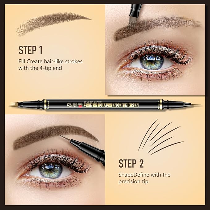 Eyebrow Pen, Soleira Waterproof Eyebrow Pencil with 4 Tip Microblading Eyebrow Pen and Dual-ended Eyebrow Brush, for Natural-Looking Brows, Long-Lasting, Ash Brown